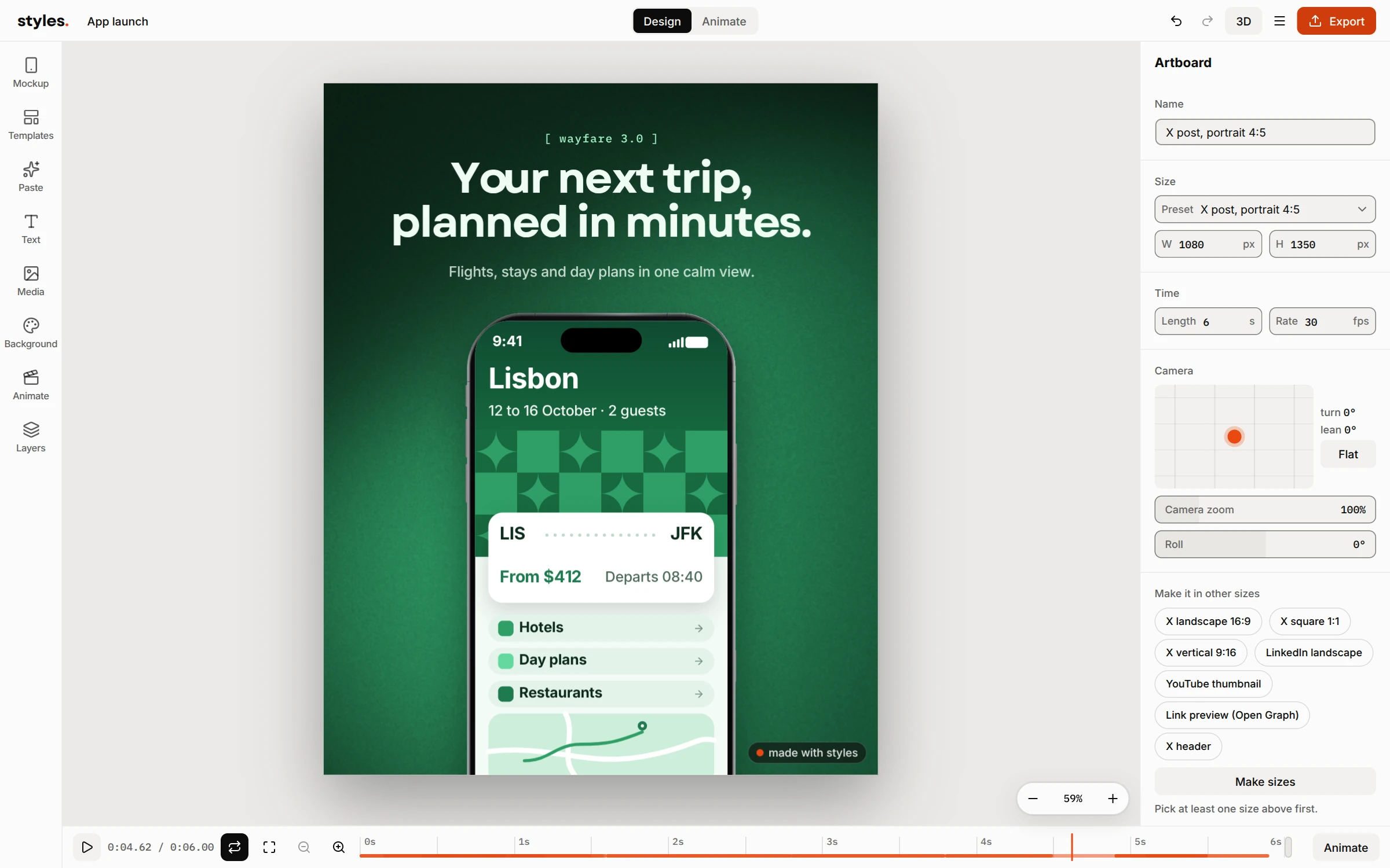 The KRNL Styles editor: a phone mockup on a lit background, the template library on the left, layer settings on the right and the timeline below.